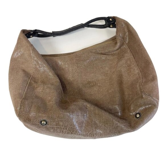 Lola Bernard Modena Croc Embossed Leather Hobo Handbag Purse Brown S Zip Pockets - Picture 1 of 10
